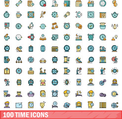 100 time icons set. Color line set of time vector icons thin line color flat on white