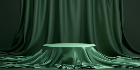 Green Podium Fabric Backdrop With Abstract Luxury Pedestal, Ideal For Fashion Presentations. Сoncept Luxury Fashion Photography, Abstract Backdrops, Green Podium, Fashion Presentations