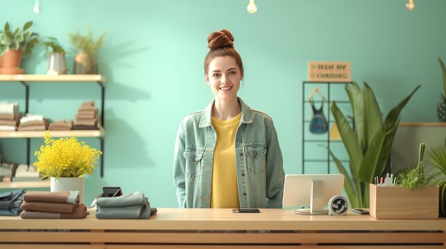 A happy saleswoman in cloth shop with vibrant backdrop and a big copy space, Generative AI.