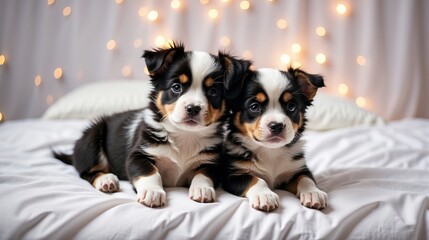 Australian Shepherd puppies on the bed, Cute Shepherd baby dogs playing on the white bed sheet.