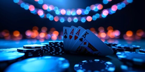 Digital Poker Game: A Captivating Illustration For Online Gaming Websites. Сoncept Poker Chips, Card Dealing, Online Tournament, Virtual Casino, High Stakes