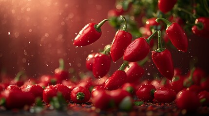 Ripe red peppers floating in mid-air against a vertical gradient backdrop. gradient backdrop transitioning from deep red to black. Gradient lighting. subtle highlights.