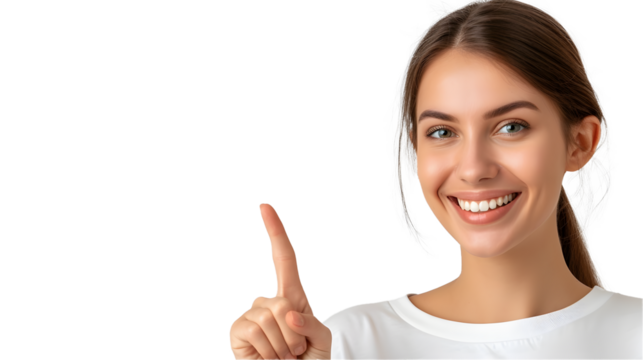 a smiling woman point a right next to her face. white background