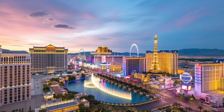 Iconic Las Vegas Skyline Showcasing Vibrant Tourism And Entertainment Offerings. Сoncept Nightlife And Entertainment In Las Vegas, Famous Las Vegas Landmarks, Luxurious Hotels And Casinos