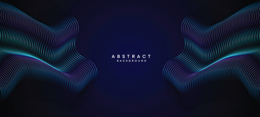 Abstract Dark Navy Blue Waving circles lines Technology Background. Modern Holo gradient with glowing lines shiny geometric shape and diagonal, for brochure, cover, poster, banner, website, header