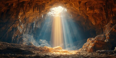 Light Streams Through A Magnificent, 3Drendered Cavern, Its Beauty Captivating All. Сoncept Enchanting Cave Exploration, Spectacular Light Display, Mesmerizing 3D Wonderland - obrazy, fototapety, plakaty