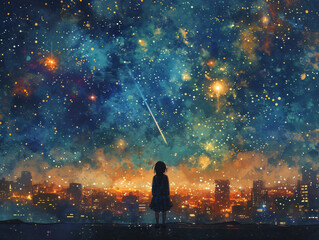 Fototapeta na wymiar A person standing on a rooftop, looking up at a starry sky filled with shooting stars and city lights.