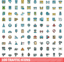100 traffic icons set. Color line set of traffic vector icons thin line color flat on white