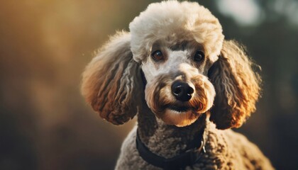 Portrait of Poodle breed dog posing outdoor. Canine companion. Dark blurred background. Cinematic photo.
