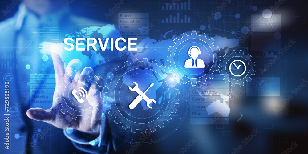 Poster Service support customer help call center Business technology button on virtual screen.