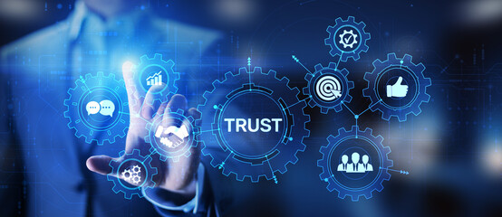 Trust customer relations reliability business concept. Pointing and pressing on virtual screen.