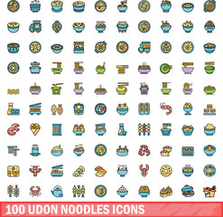 100 udon noodles icons set. Color line set of udon noodles vector icons thin line color flat on white
