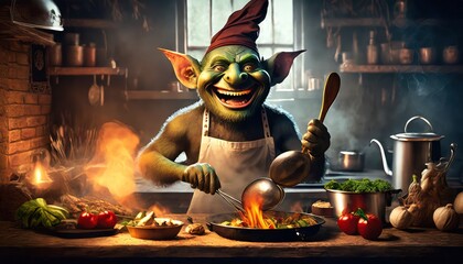 troll in the kitchen while cooking - obrazy, fototapety, plakaty