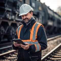 Railway engineer near the rail track with his tablet - obrazy, fototapety, plakaty