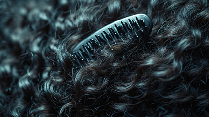 A close-up shot of a hairbrush running through thick curly hair emphasizing strength and volume. - obrazy, fototapety, plakaty