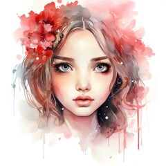 Watercolor romantic female illustration. A girl with big eyes