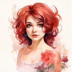 Watercolor romantic female illustration. A girl with big eyes.