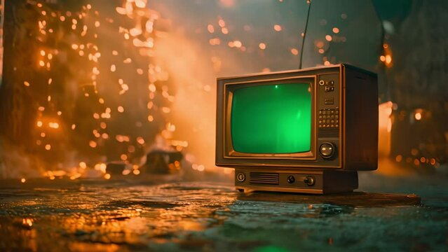 4k tv screen mockup, old vintage tv screen green screen, use key light effect, Vintage Television Set in retro living room with green plants and sparkling lights. Copy space