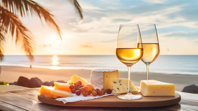 Cheese plate with white wine on the background of the ocean
