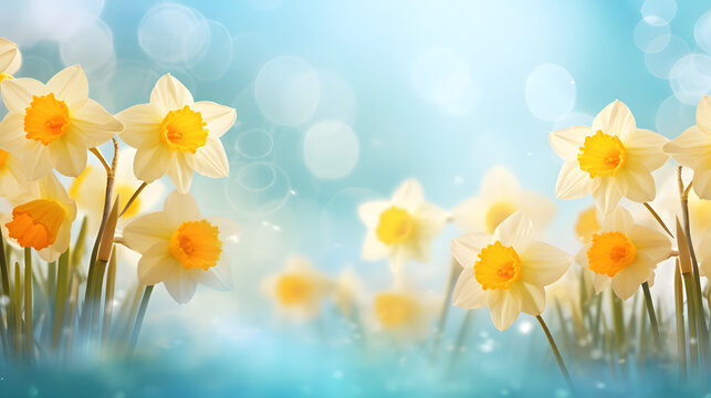 Spring banner with daffodils with copy space. Floral wallpaper for postcards on the desktop. Romantic soft gentle artistic image, free space for text.
