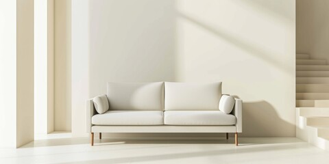 Modern, Minimaliststyle Couch In A Neutral Room With Multiple Color Palettes. Сoncept Mid-Century Modern Furniture, Scandinavian Design, Monochromatic Color Schemes, Neutral Tones, Clean Lines