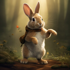 The image shows a rabbit, standing on grass indoors while sporting a bow tie.