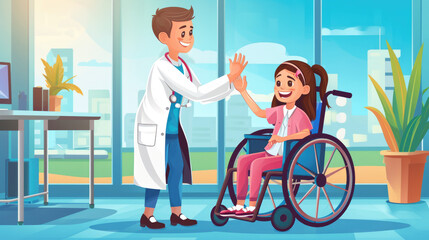 Obraz na płótnie Canvas Friendly pediatrician giving high five to little patient in wheelchair. Cute preschool girl in wheelchair greeting doctor in hospital.