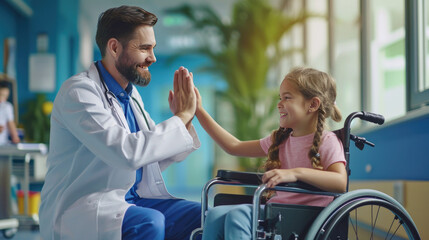 Friendly pediatrician giving high five to little patient in wheelchair. Cute preschool girl in...