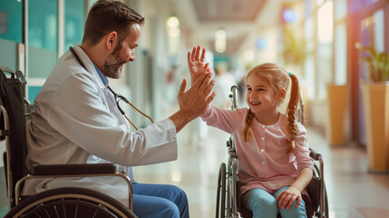 Friendly pediatrician giving high five to little patient in wheelchair. Cute preschool girl in...