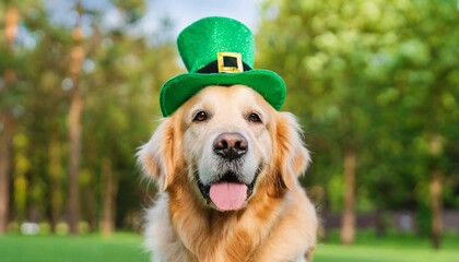 Golden Retriever breed dog wearing festive green hat posing outdoor in park. St. Patrick day celebration.