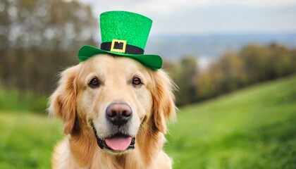 Golden Retriever breed dog wearing festive green hat posing outdoor in park. St. Patrick day...