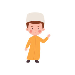 Muslim boy waves his hand, happy Moslem child in national Arab clothing long shirt and skullcap, vector Islamic culture
