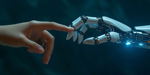 Robotic And Human Hands Touch, Displaying The Harmonious Merger Of Technology And Humanity. Сoncept Technology And Nature, Sustainable Living, Urban Gardening, Eco-Friendly Fashion Trends