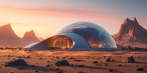 Fototapeta na wymiar Scifi Greenhouse Amidst Desertlike Terrain Showcases Sustainable Possibilities On Mars. Сoncept Mars Exploration, Scifi Greenhouse, Sustainable Possibilities, Desertlike Terrain, Future Of Mars