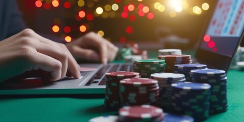 Stock Photo Of A Person Playing Virtual Poker On A Computer Screen. Сoncept Virtual Gaming, Online Poker, Online Gambling, Computer Gaming, Virtual Casino
