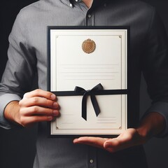 A blank diploma or a mockup certificate in the hand of a man employee wearing shirt on black background