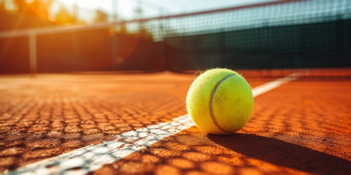Sports Equipment On A Brightly Lit Tennis Court, Inviting A Friendly Game. Сoncept Nature Hike, Sunset Beach Picnic, Urban Cityscape, Adventure Travel