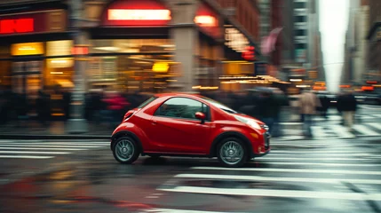 Fotobehang A compact city car navigating through narrow bustling streets of an old European town highlighting agility and practicality. © Gabriel