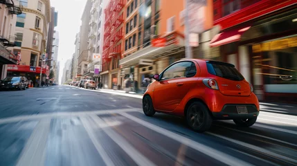  A compact city car navigating through narrow bustling streets of an old European town highlighting agility and practicality. © Gabriel