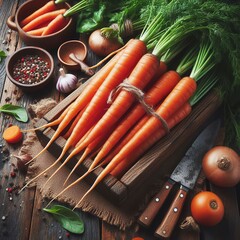 A few raw carrots on a wooden rustic background