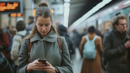Commuter Absorbed in Her Smartphone at the Subway Station, A young woman, clad in a stylish mustard-yellow coat and a light gray scarf, stands out amongst a crowd of commuters at a subway station.