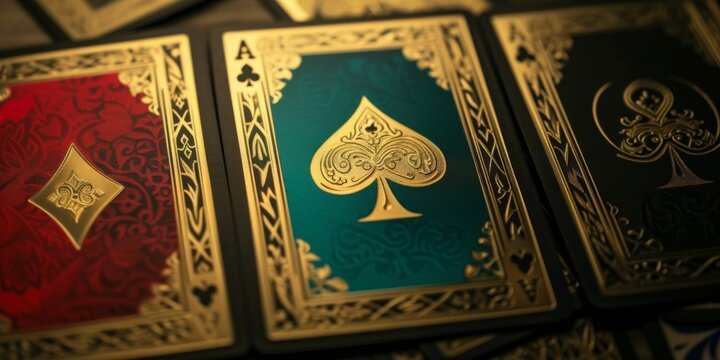 Three Colorful Poker Cards With Unique Designs Black, Turquoise, Red, And Gold. Сoncept Colorful Poker Cards, Unique Designs, Black, Turquoise, Red, Gold