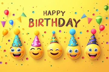 Happy Birthday with a group of happy emojis and confetti Generative AI