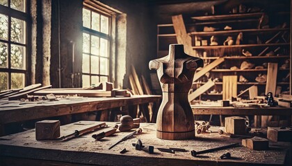 Fototapeta na wymiar carpentry workshop with wooden mannequin