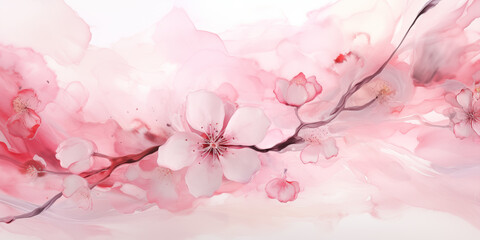 Obraz na płótnie Canvas Watercolor cherry blossom banner. Pink spring floral frame with blooming sakura branches, floral greeting card design. Digital illustration