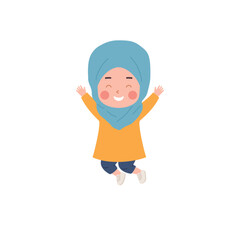 Muslim girl laughs raised hands up in a jump, child in national Arab clothing hijab and dress, vector Islamic culture