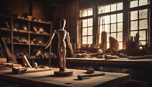 carpentry workshop with wooden mannequin