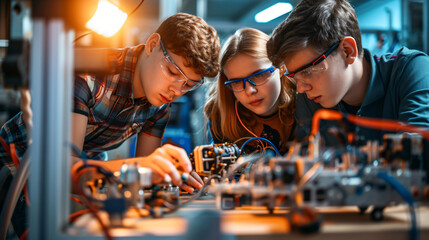 A competitive robotics team working together in a workshop building and programming robots. - obrazy, fototapety, plakaty