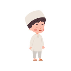 Muslim boy laughs with closed eyes, vector Islamic religious culture child in national Arab white clothing and skullcap