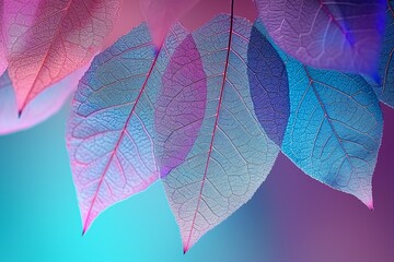 Macro leaves background texture blue, turquoise, pink color. Transparent skeleton leaves. Bright expressive colorful beautiful artistic image of nature. generative ai.